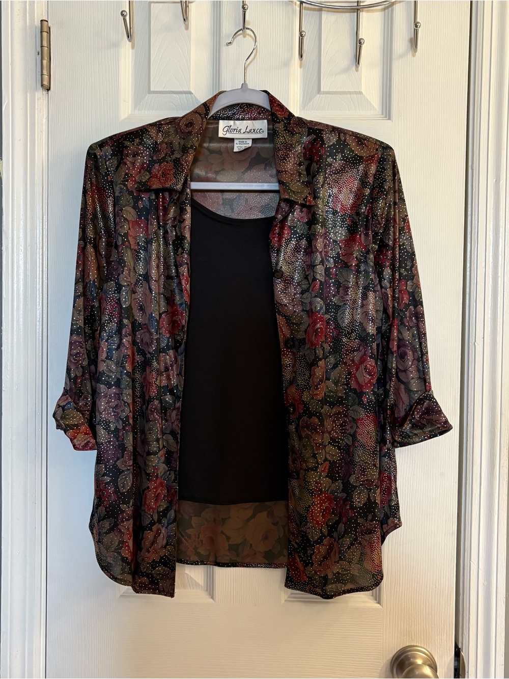 Vintage Gloria Vance Shimmer Floral Button-down Blouse Shoulder Pads Sz Medium.